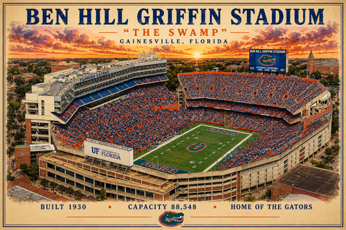 Ben Hill Griffin Football Stadium Art Print / Florida Football Wall Decor