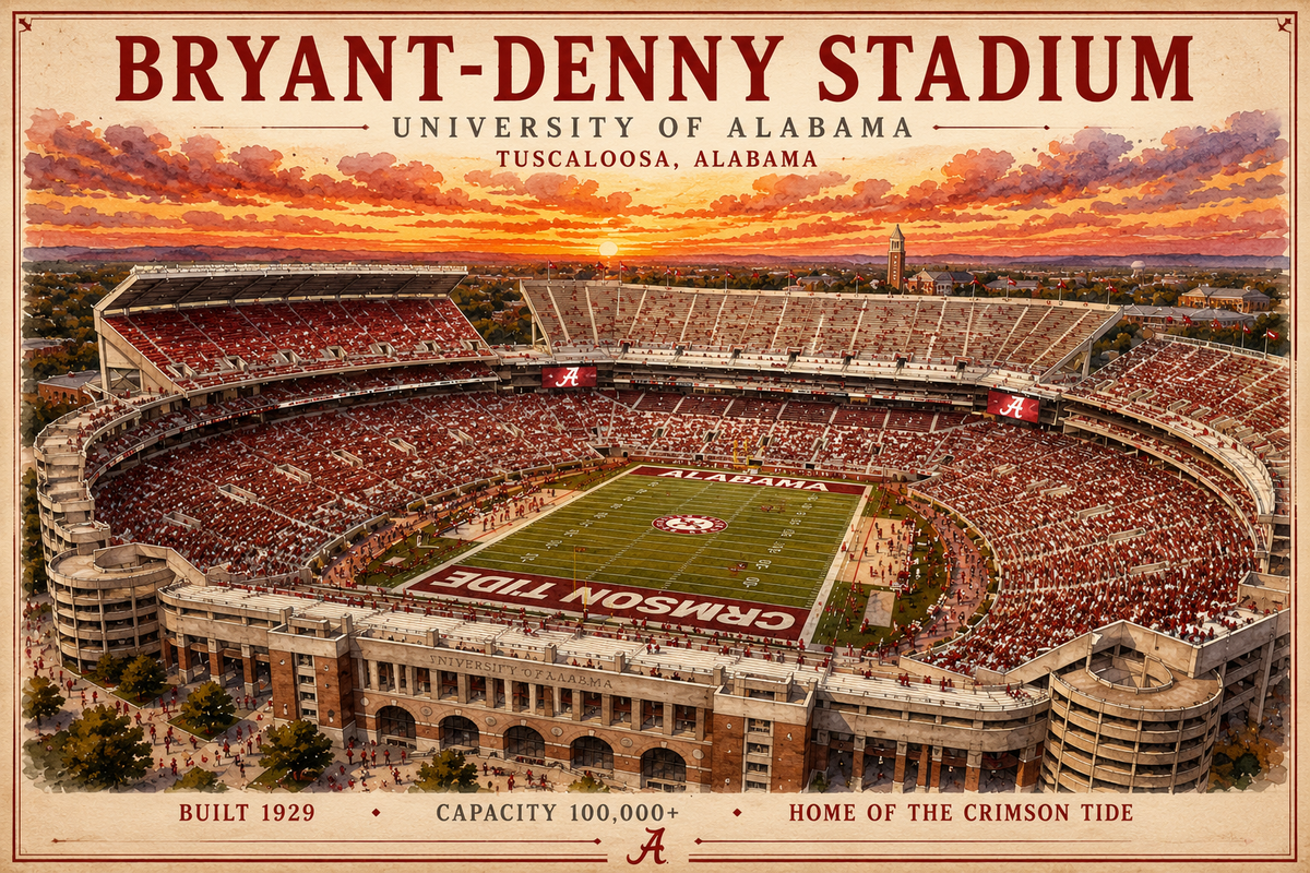 Bryant - Denny Football Stadium Art Print / Alabama Football Wall Decor