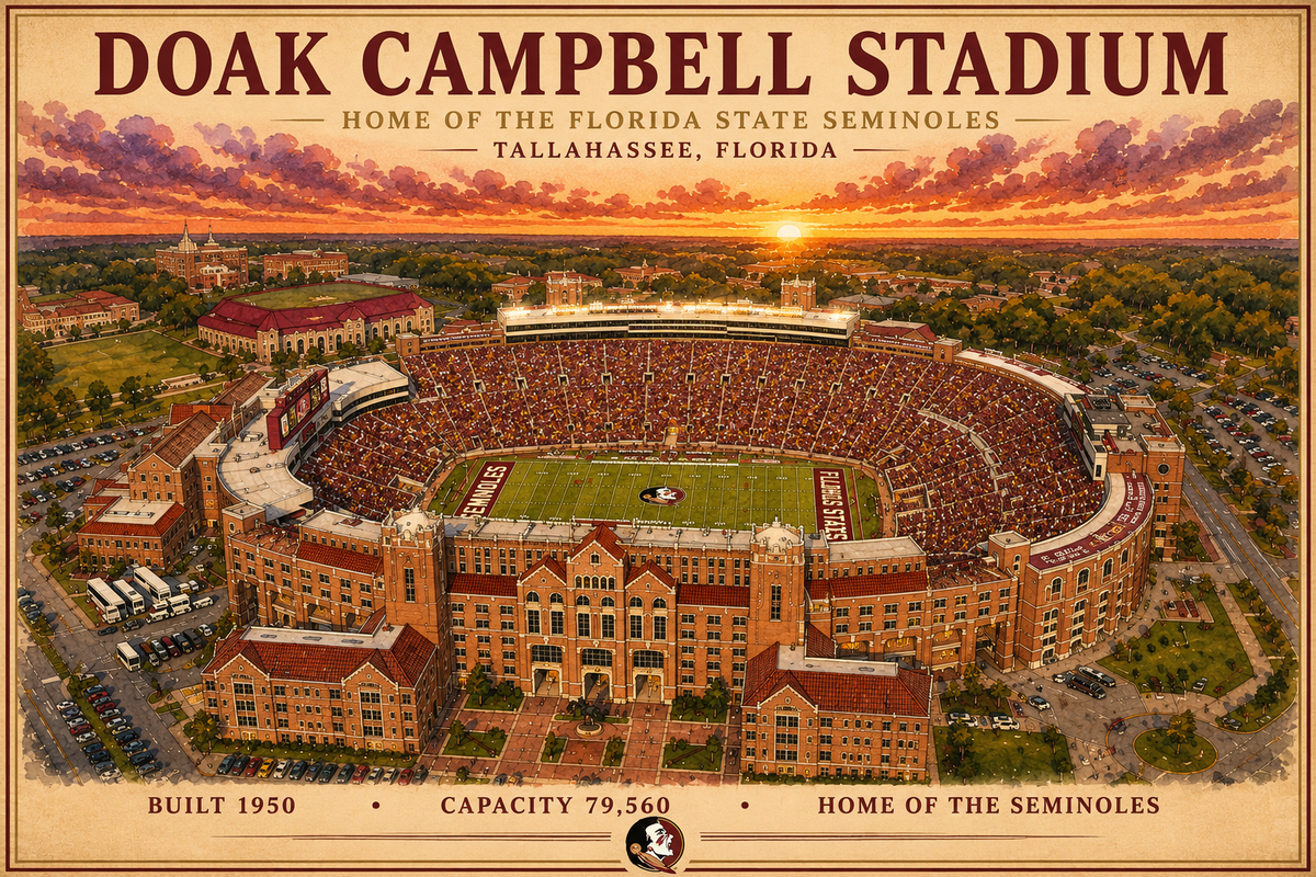 Doak Campbell Football Stadium Art Print/ Tallahassee Florida Football Wall Decor