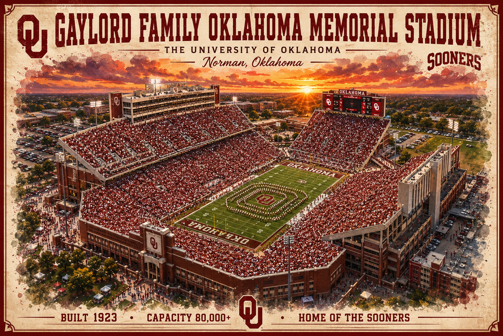 Gaylord Family Memorial  Football Stadium Art Print/ Norman Oklahoma Football Wall Decor