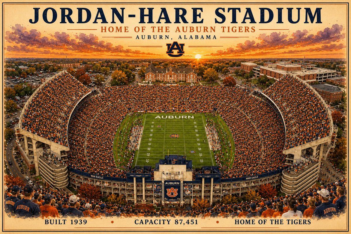 Jordan Hare Football Stadium Art Print/ Auburn Alabama Football Wall Decor
